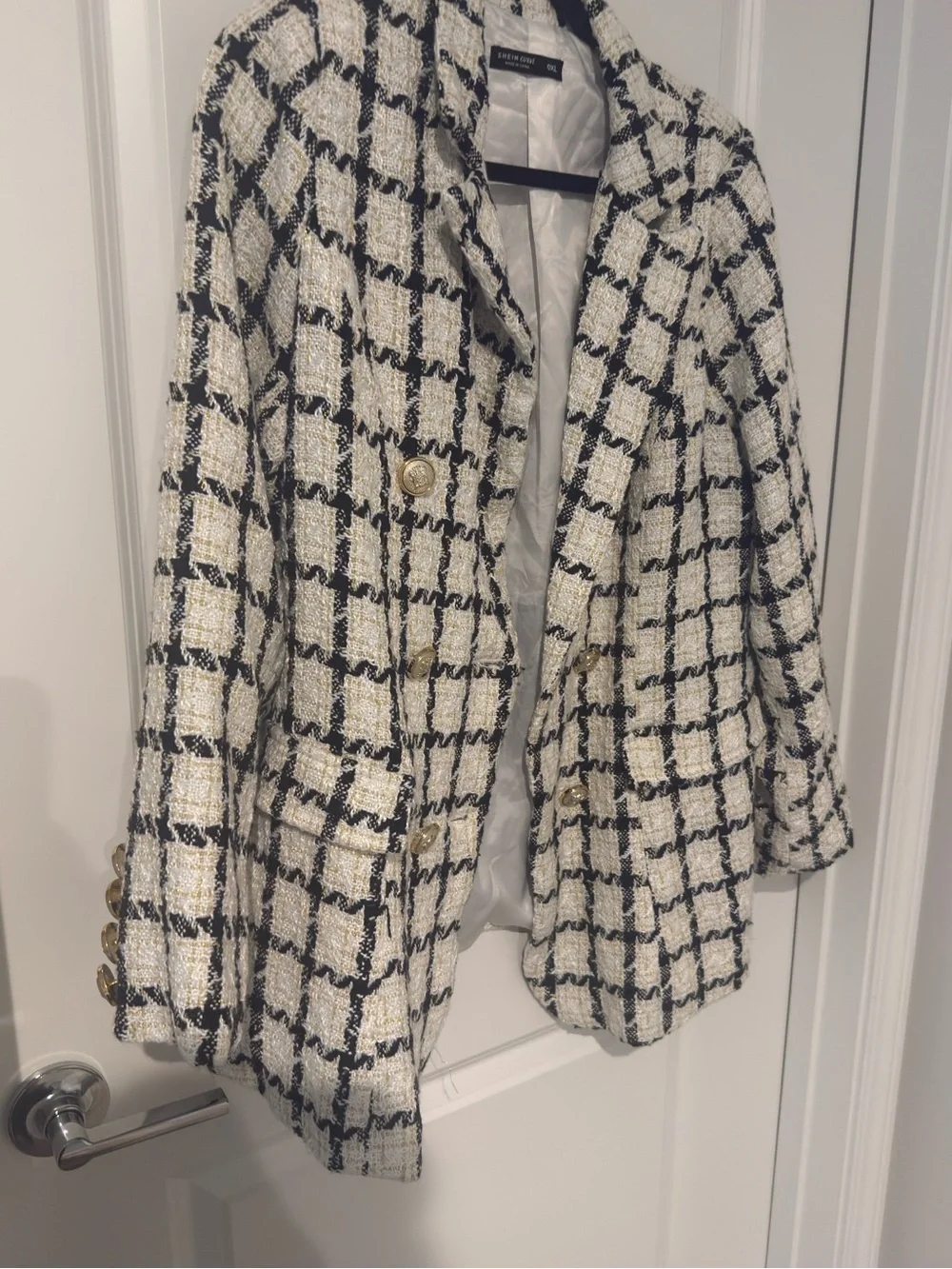 SHEIN Black & White Check Bouclé Double-Breasted Blazer - Picture 2 of 6